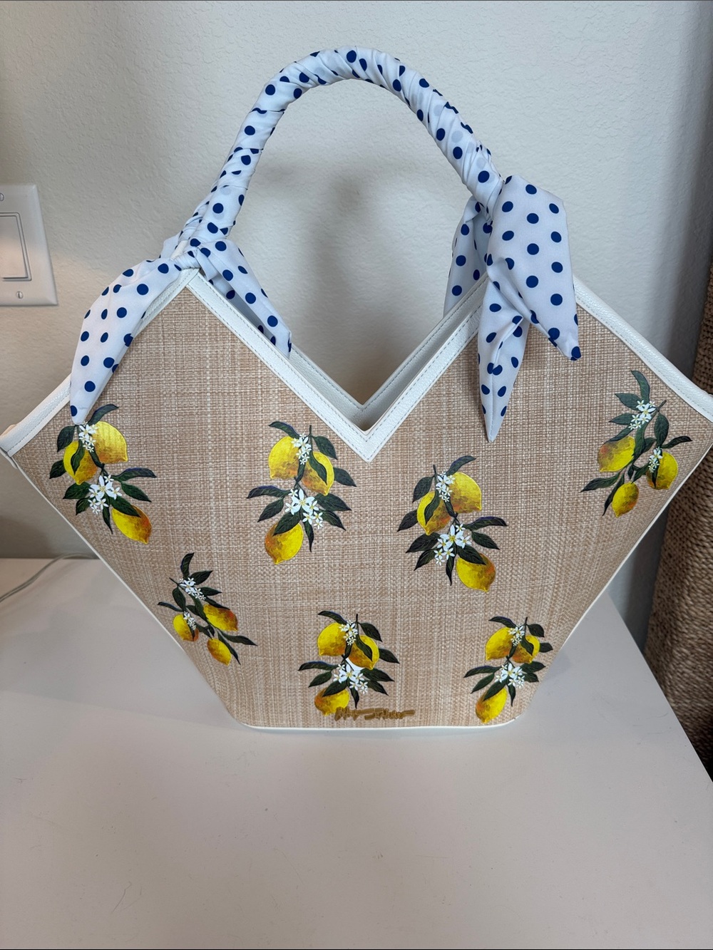 Betsey Johnson ‘Don’t Be Tarty’ Raffia Lemon Print Bag w/Polka Dot Handle - NWT